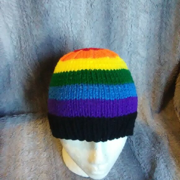 Hand Crafted Accessories - handmade rainbow striped knitted beanie